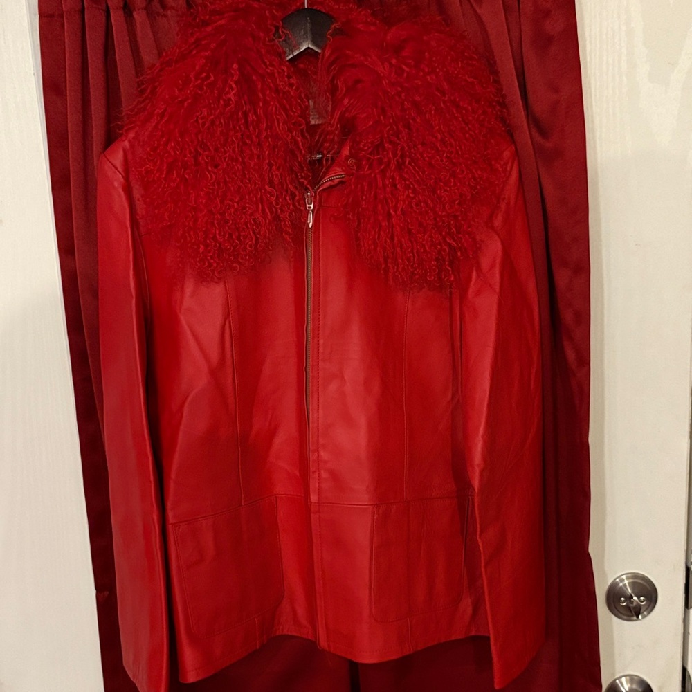 Lisa International Vibrant Red Leather Jacket with Plush Collar